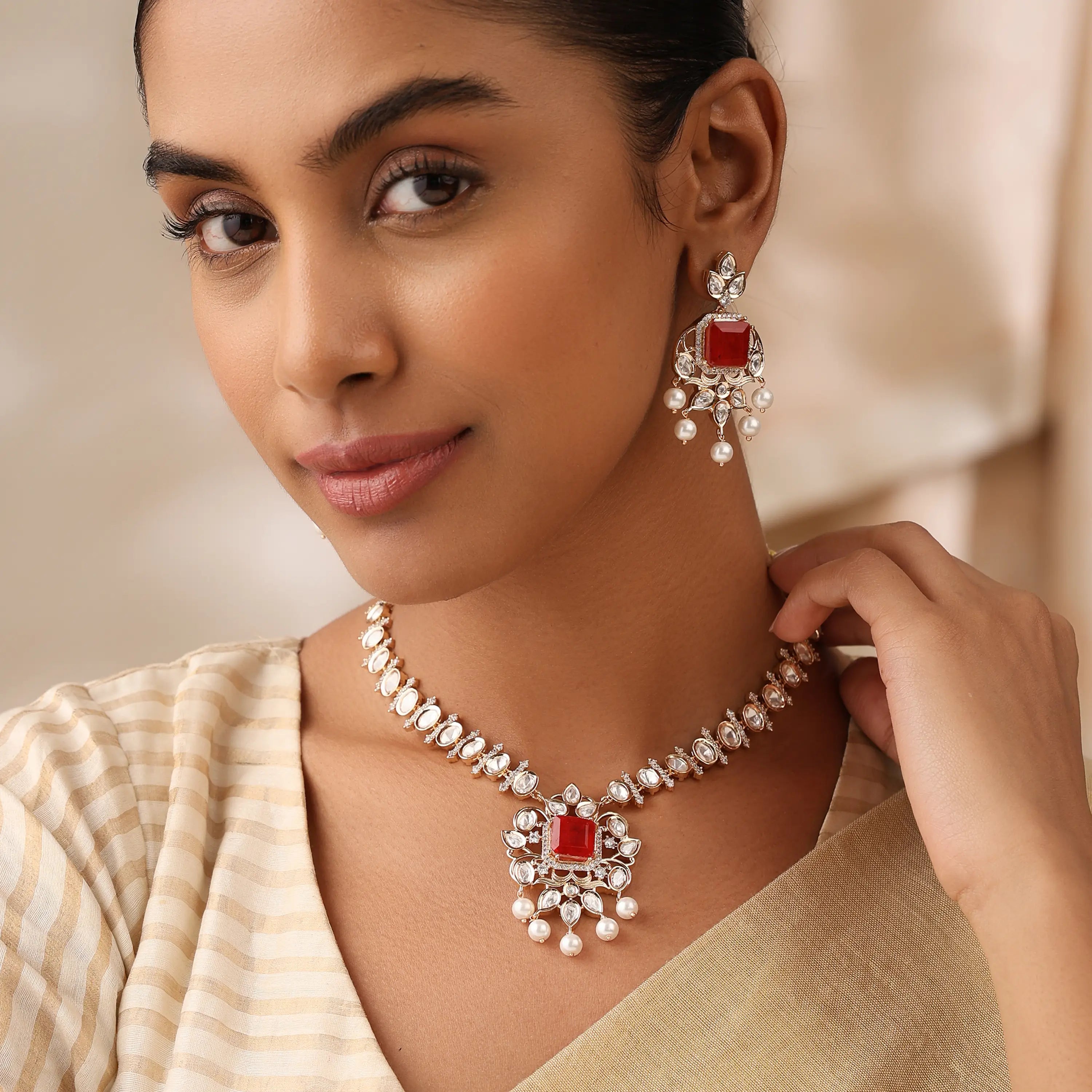 Laal Sheesha Noor Polki Necklace Set with Red Stone & Pearl Drop Earrings