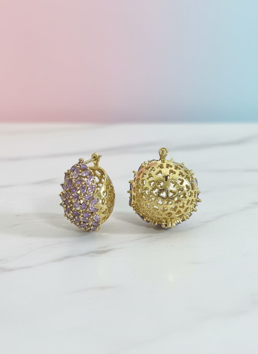 Lavender CZ Cluster Round Earrings in Antique Gold Finish