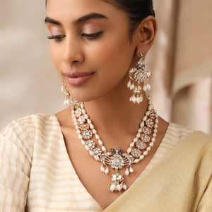 Layered Pearl Kundan Necklace with Peacock Motif & Statement Earrings
