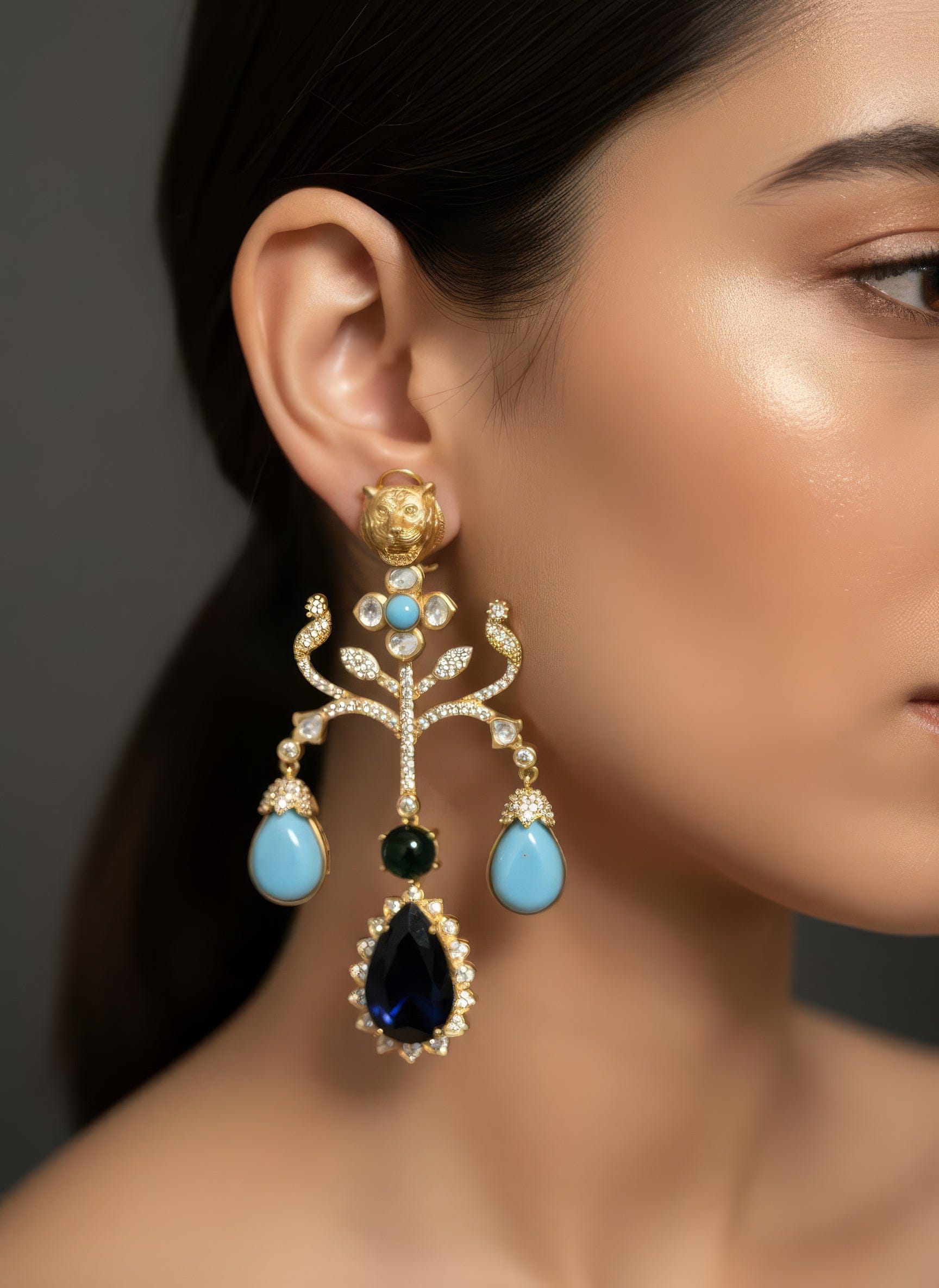 Long Jaguar Earrings in Turquoise, Green & Blue Stones | Antique Plated Kundan Statement Earrings