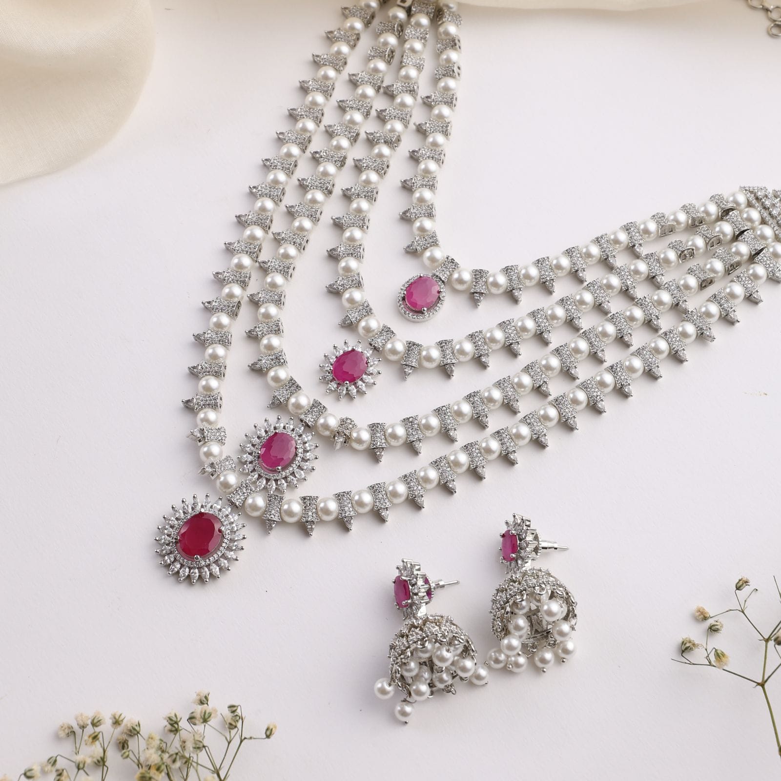 Lyla Ruby Pearl Layered Necklace Set with Jhumkas