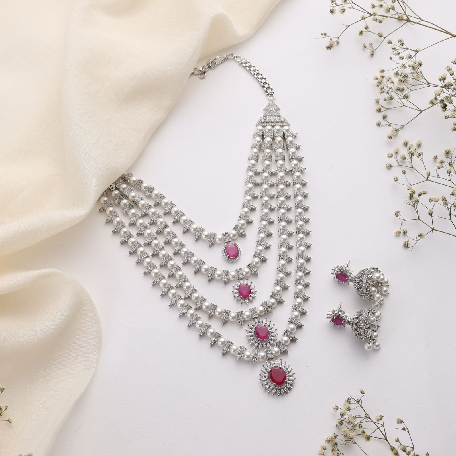 Lyla Ruby Pearl Layered Necklace Set with Jhumkas