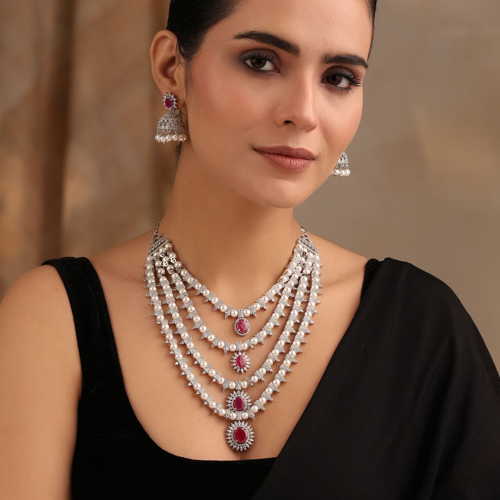Lyla Ruby Pearl Layered Necklace Set with Jhumkas