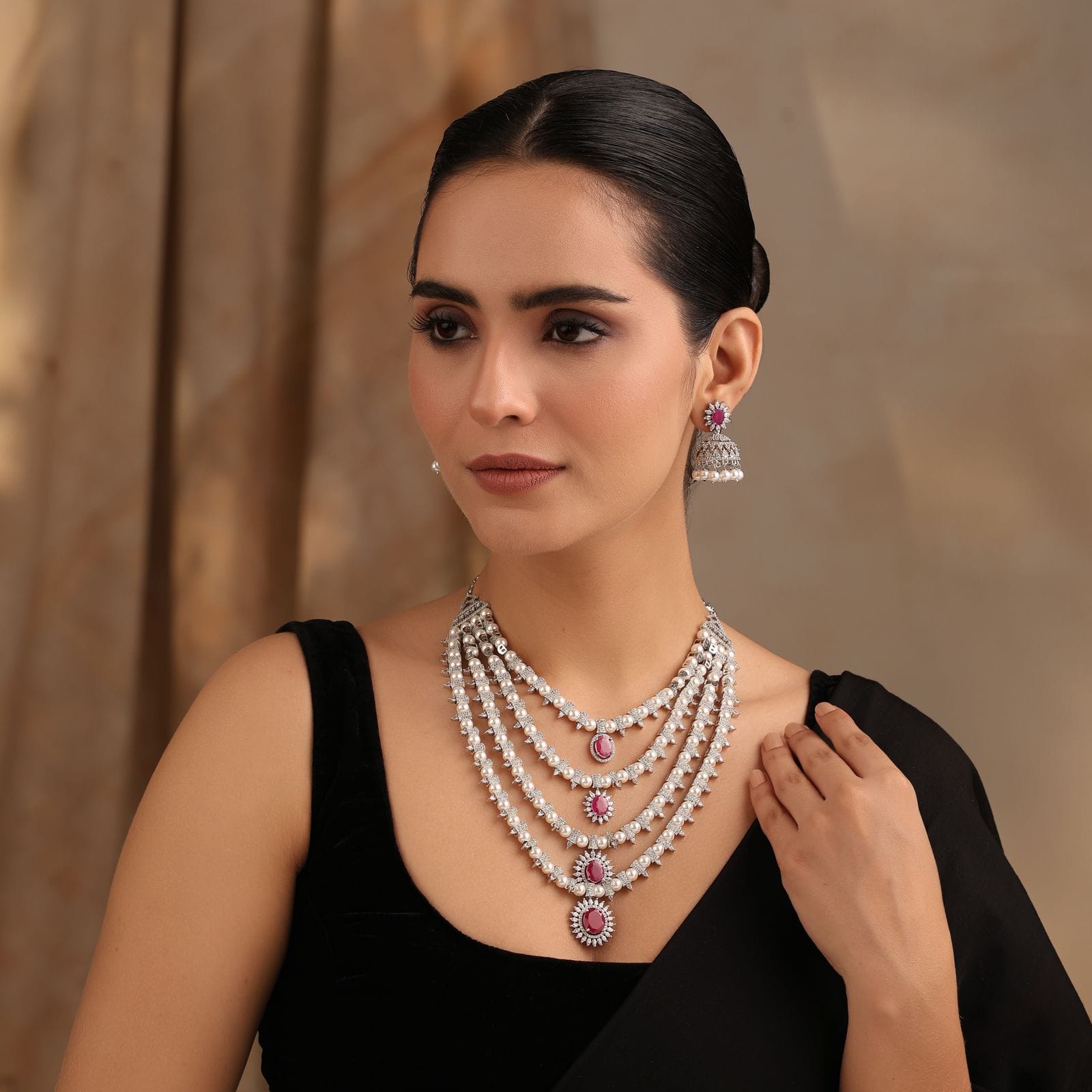 Lyla Ruby Pearl Layered Necklace Set with Jhumkas
