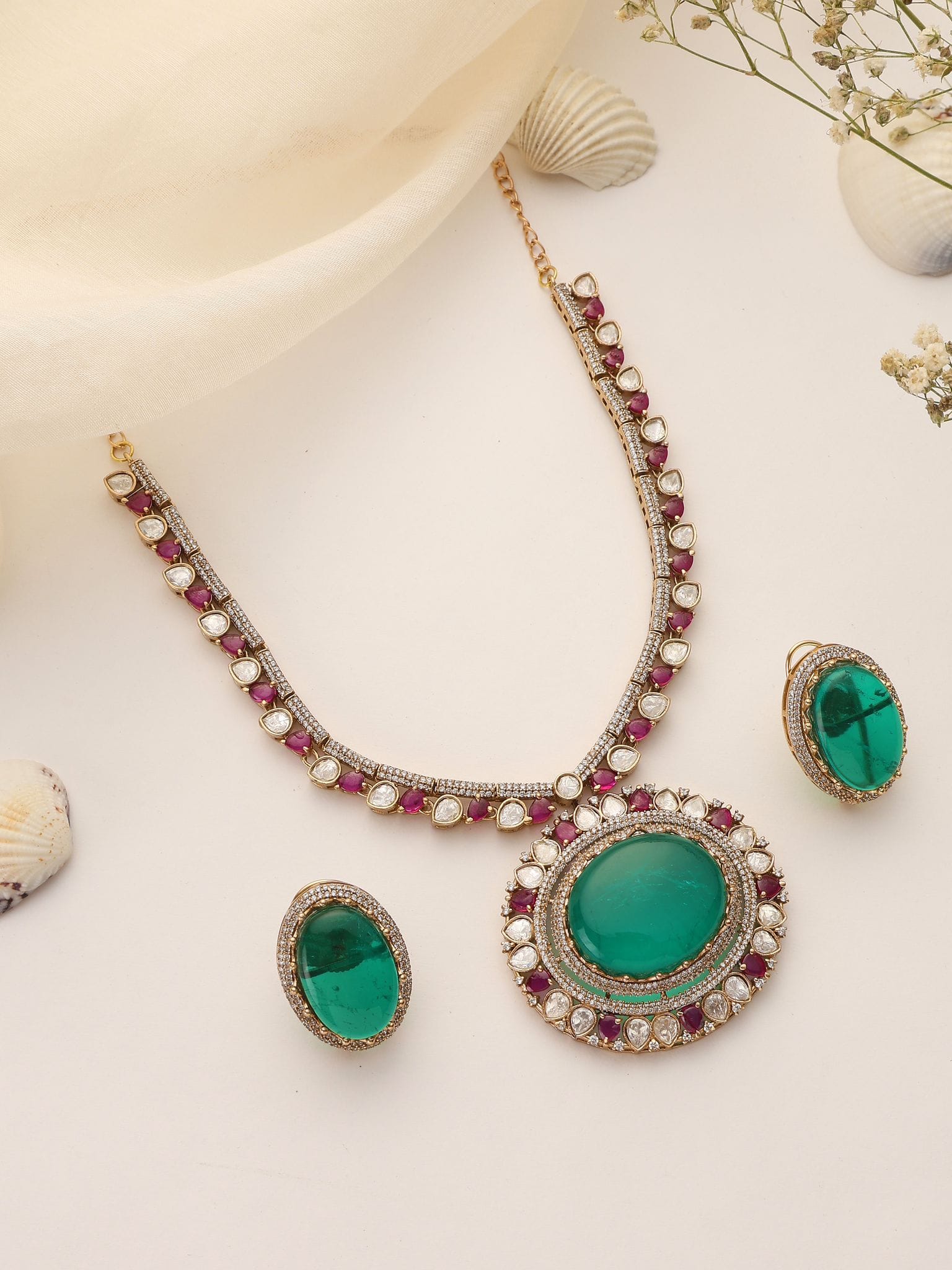 Maharani Emerald Polki Necklace Set with Ruby Accents