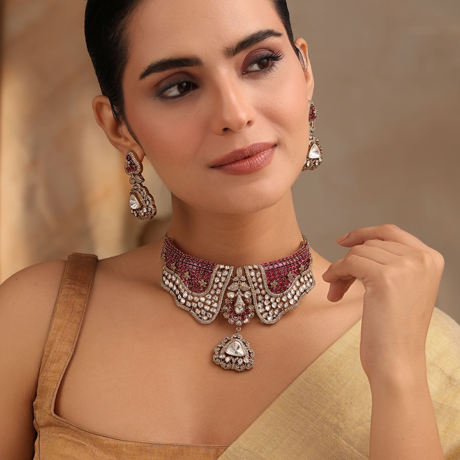 Majestic Ruby & Kundan Choker Set with Earrings