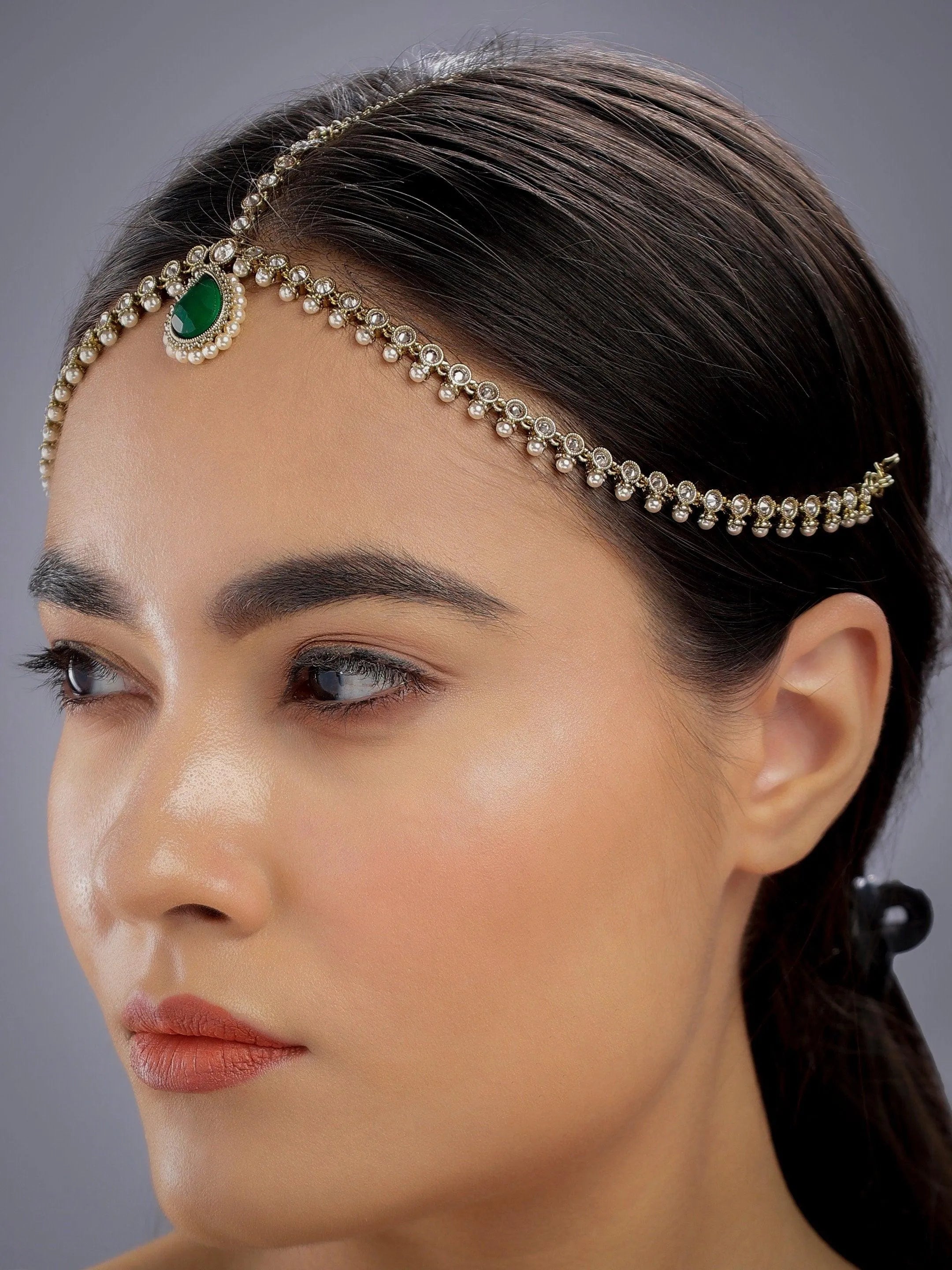 Green Mathapatti / Damini / Indian Jewelry/ Matha Patti/ Indian Bridal Jewelry/ Gold Tika/ Indian Wedding Jewelry/ Pakistani Jewelery