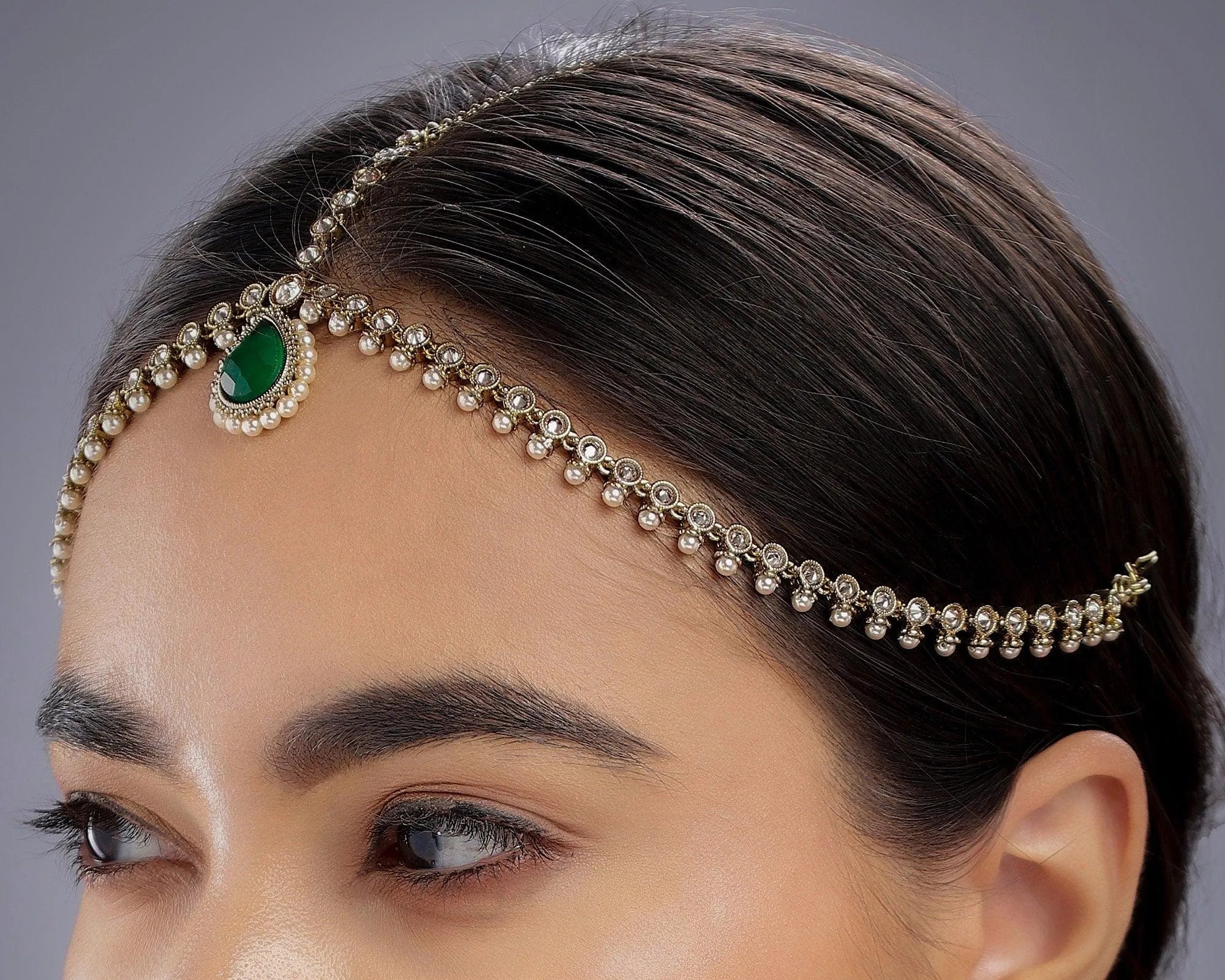 Green Mathapatti / Damini / Indian Jewelry/ Matha Patti/ Indian Bridal Jewelry/ Gold Tika/ Indian Wedding Jewelry/ Pakistani Jewelery