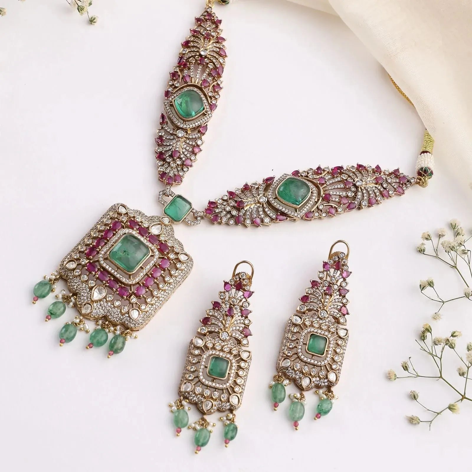 Meher Long Emerald Ruby Royale Kundan Necklace Set (Necklace + Long Earrings)
