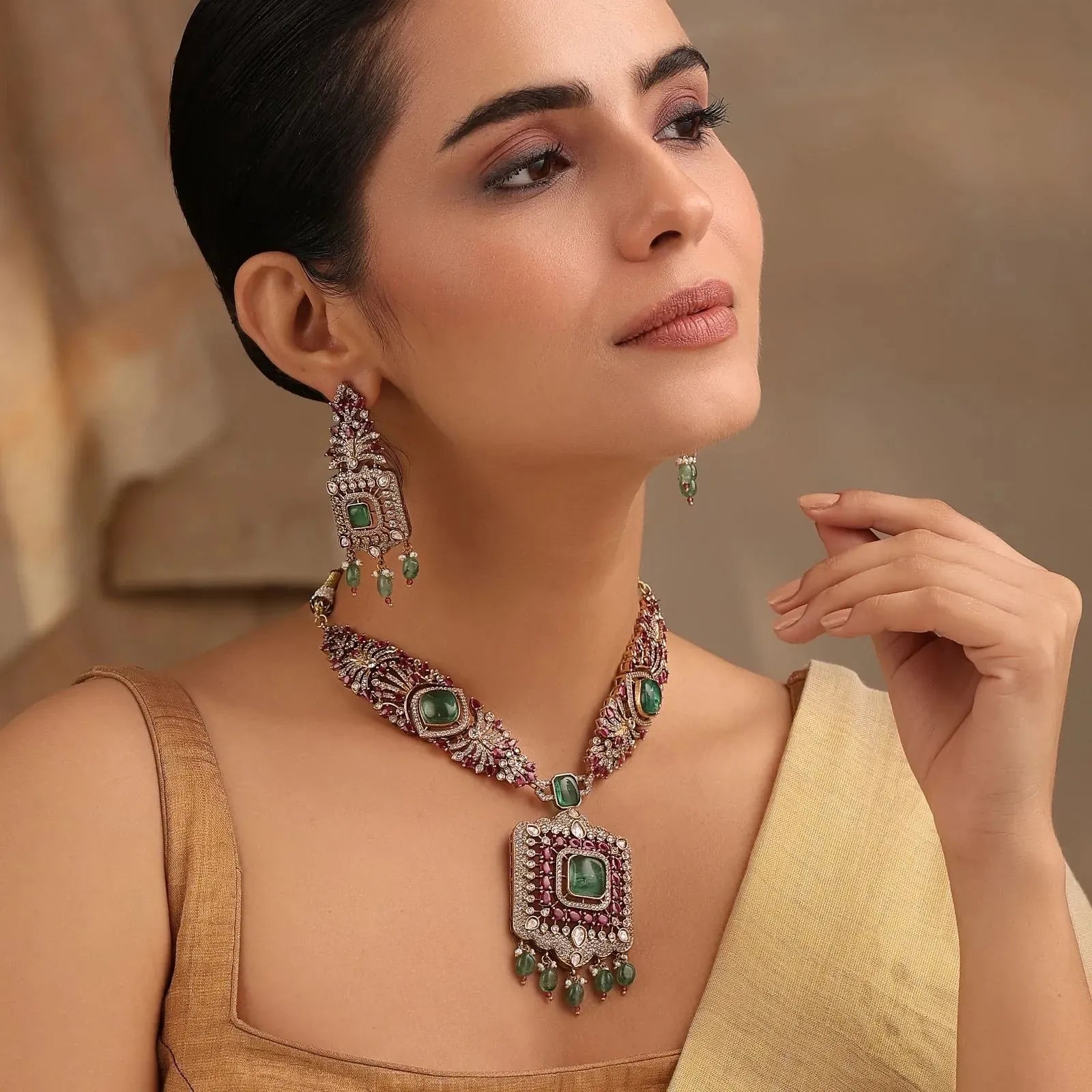 Meher Long Emerald Ruby Royale Kundan Necklace Set (Necklace + Long Earrings)