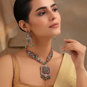 Meher Long Emerald Ruby Royale Kundan Necklace Set (Necklace + Long Earrings)
