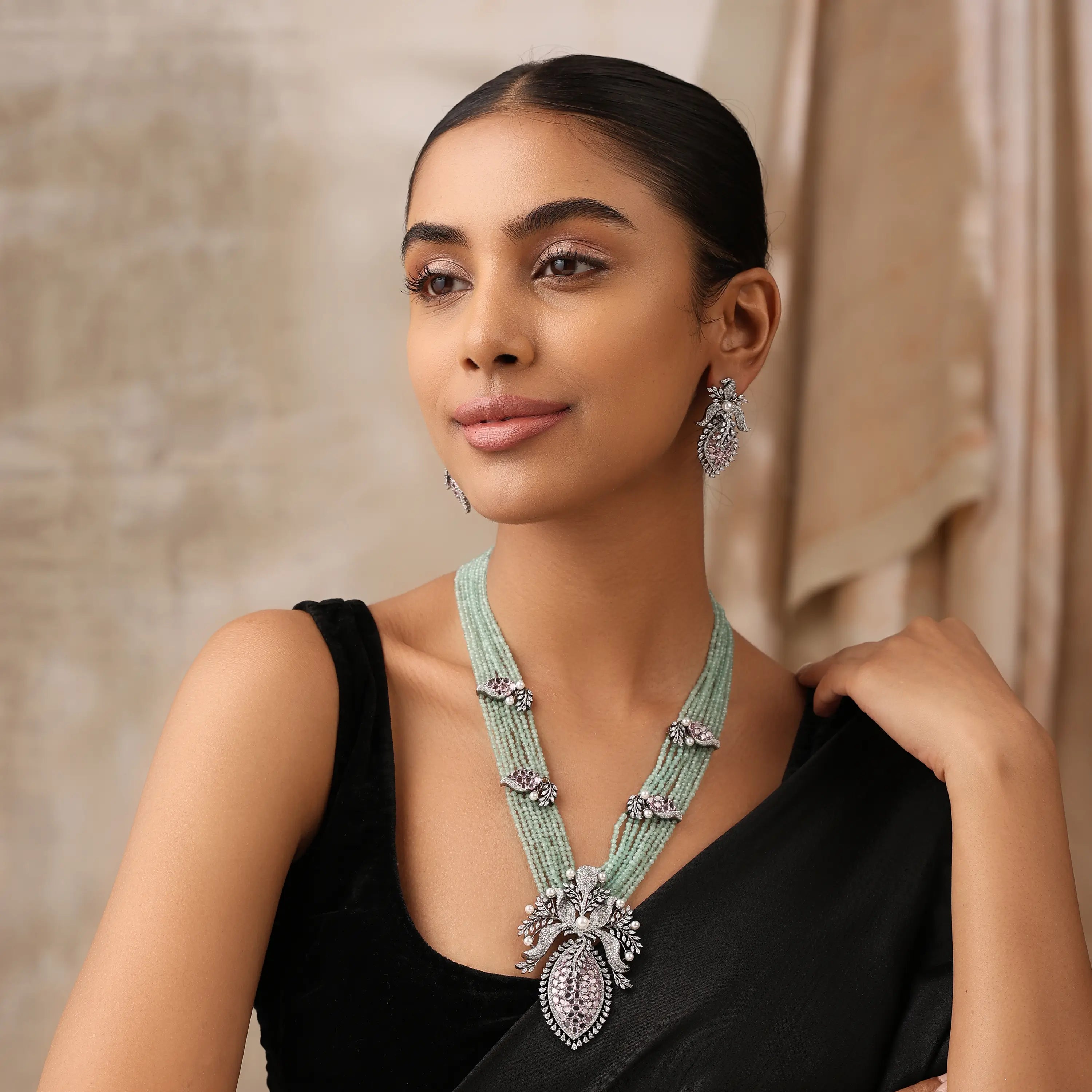 Mint Floral Long Necklace Set with Purple Stones