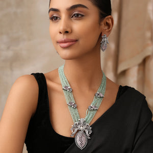 Mint Floral Long Necklace Set with Purple Stones