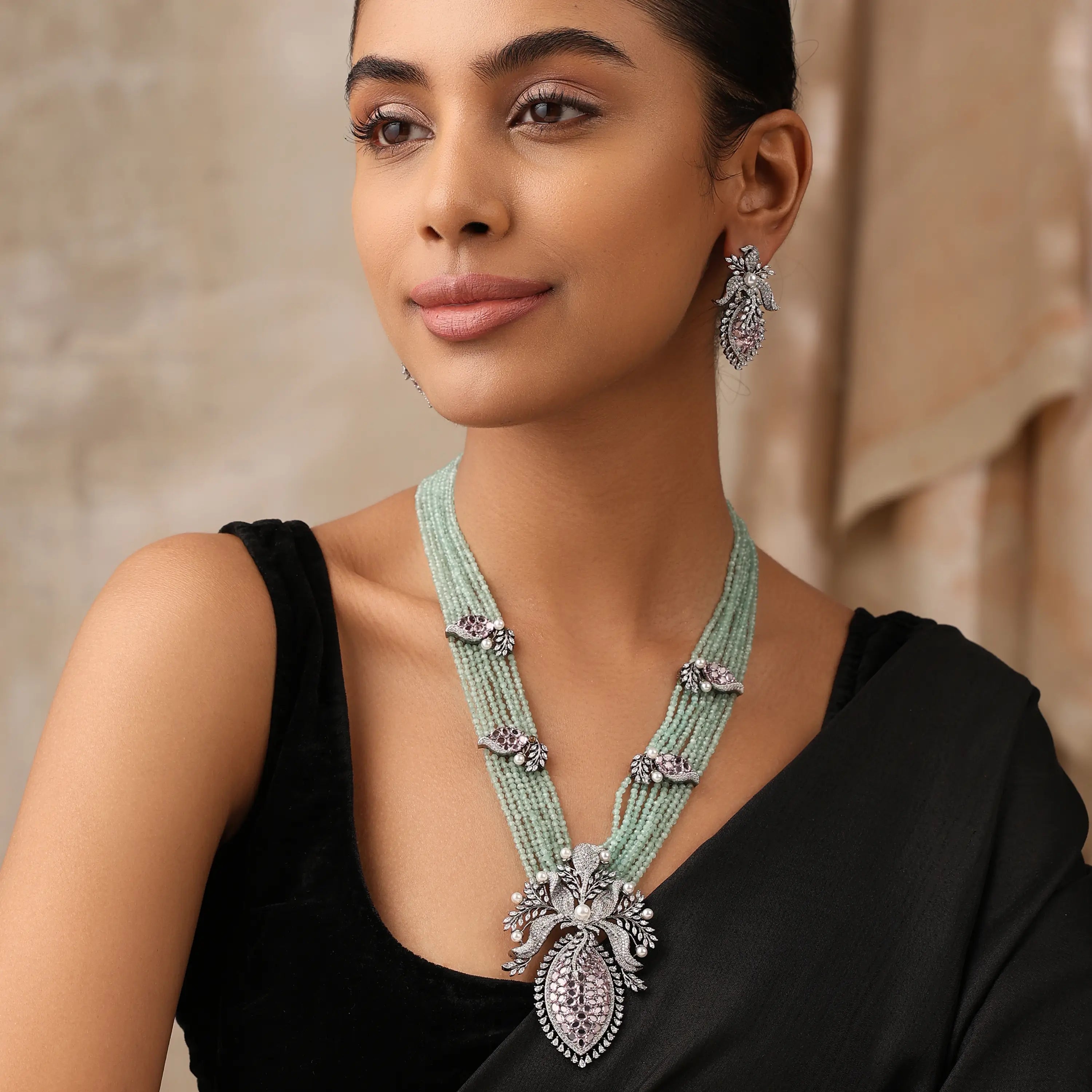 Mint Floral Long Necklace Set with Purple Stones