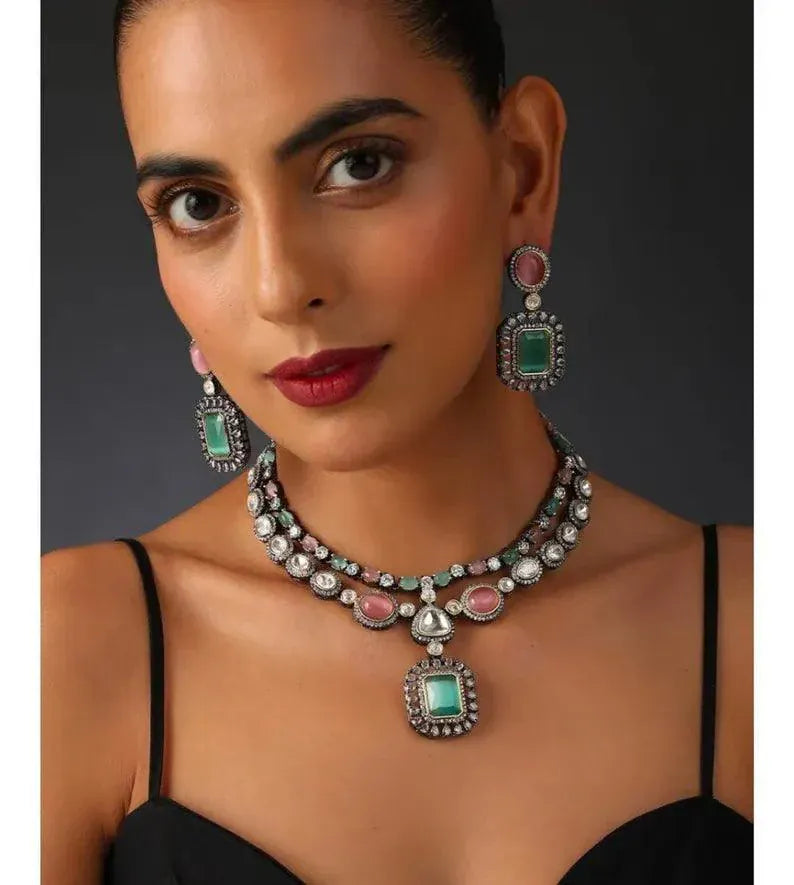 Mint Pink Kundan Victorian Set