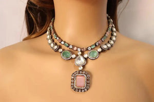 Mint Pink Kundan Victorian Set