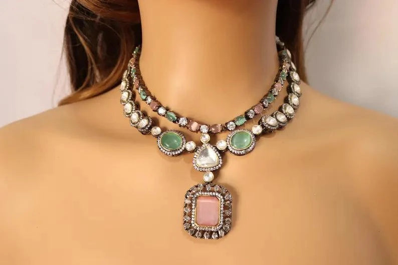 Mint Pink Kundan Victorian Set