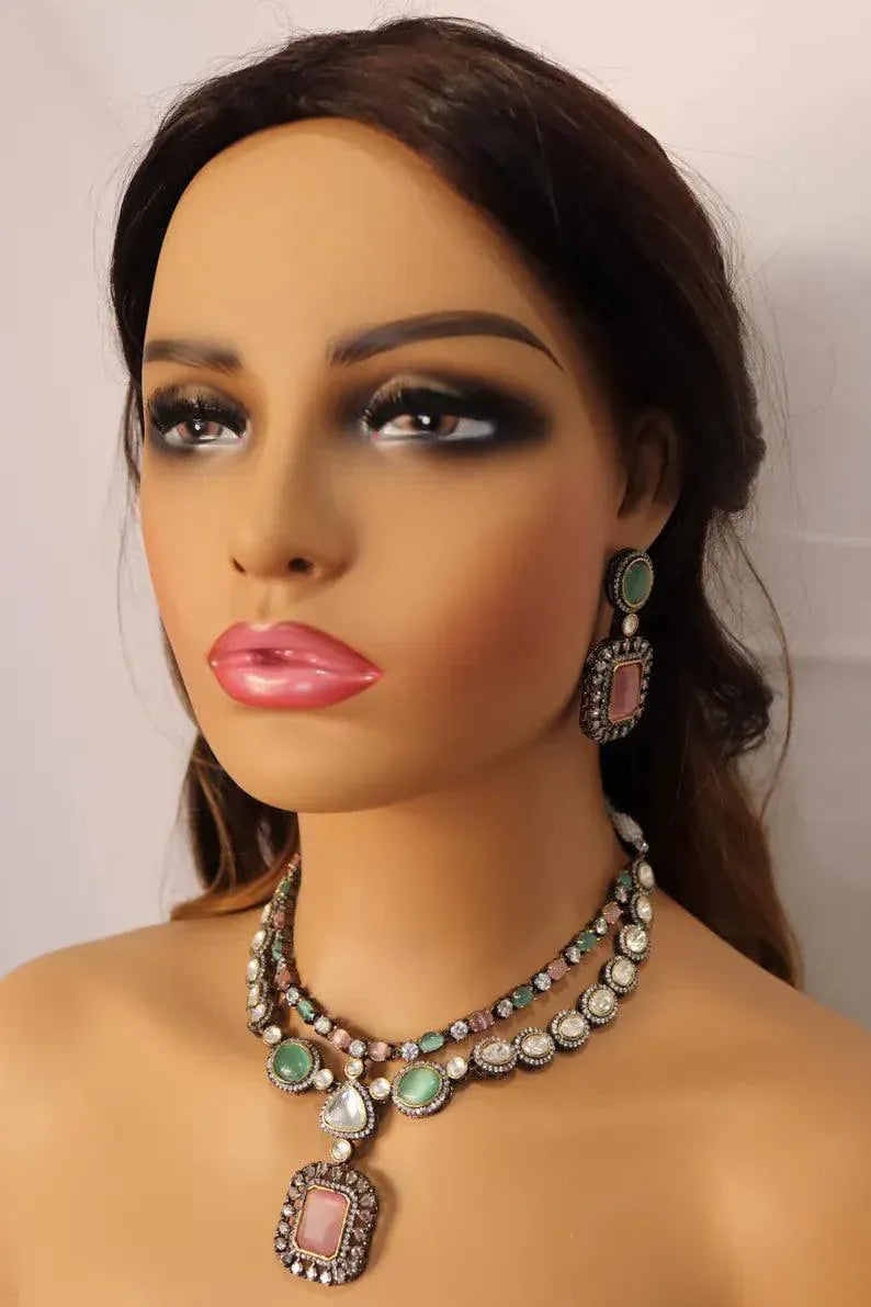 Mint Pink Kundan Victorian Set