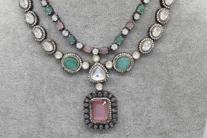 Mint Pink Kundan Victorian Set