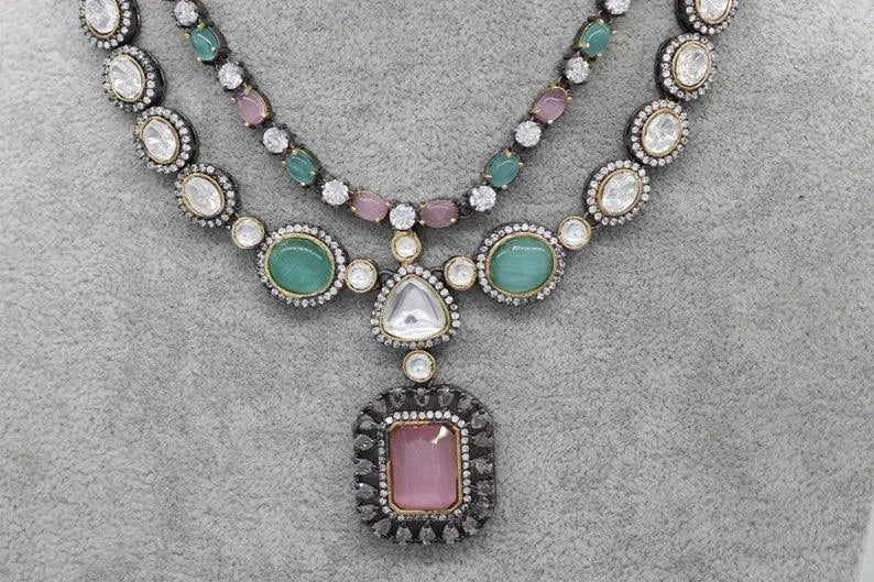 Mint Pink Kundan Victorian Set