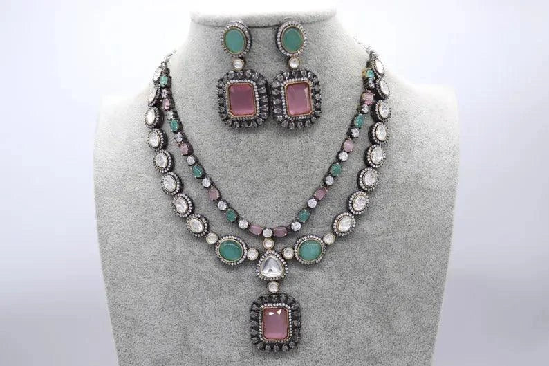 Mint Pink Kundan Victorian Set