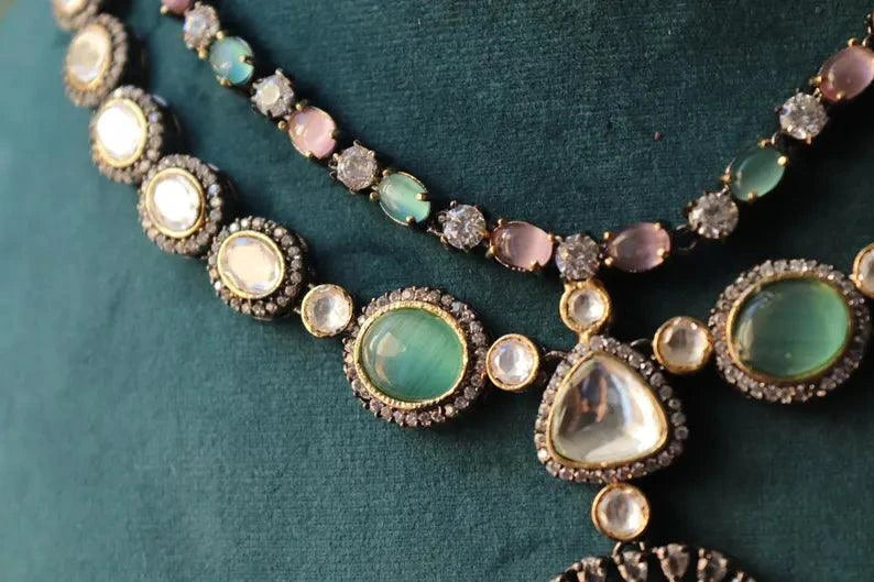 Mint Pink Kundan Victorian Set