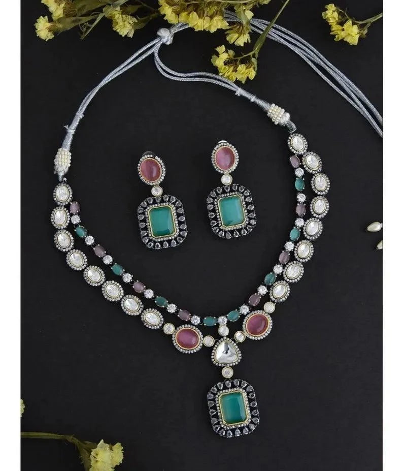 Mint Pink Kundan Victorian Set