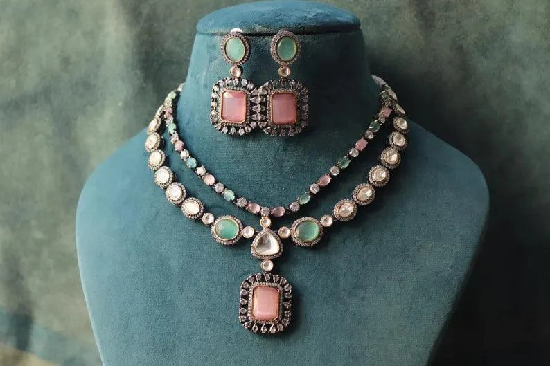 Mint Pink Kundan Victorian Set