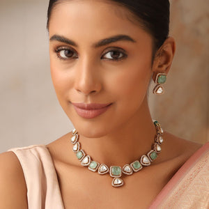 Side view of Amaira Mint necklace and earrings set