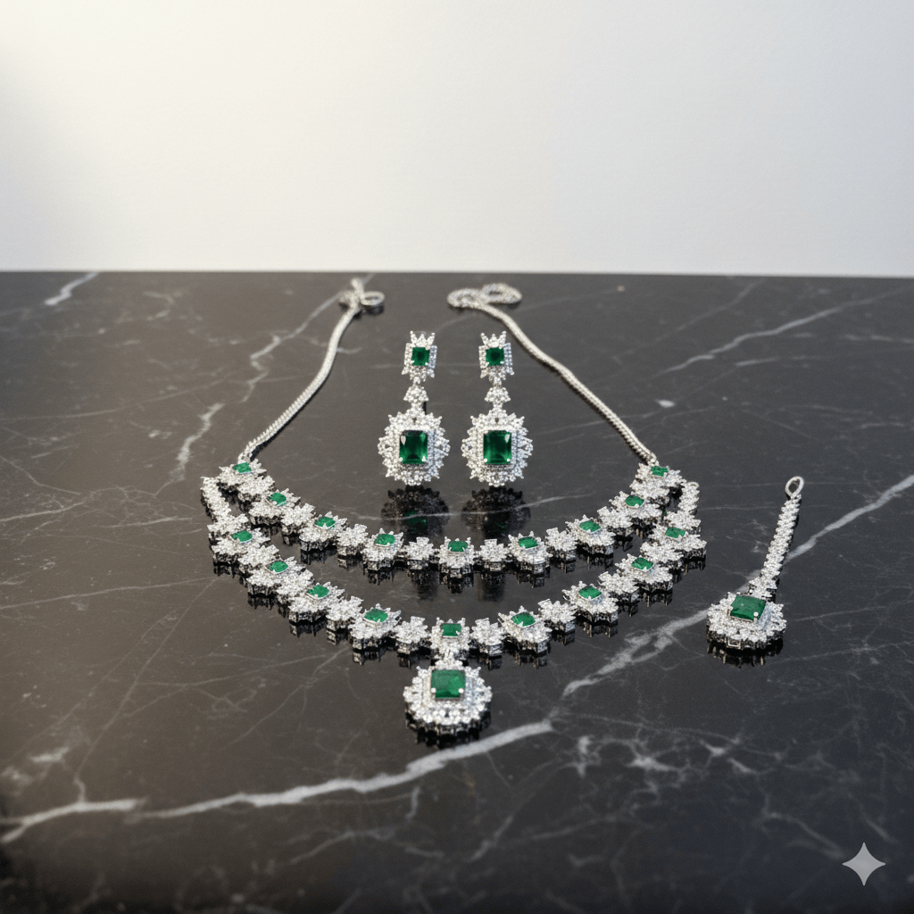 Misha  Emerald 5-Piece Set (Choker + Long Haar + Earrings + Tikka)
