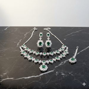Misha  Emerald 5-Piece Set (Choker + Long Haar + Earrings + Tikka)