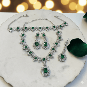 Misha  Emerald 5-Piece Set (Choker + Long Haar + Earrings + Tikka)