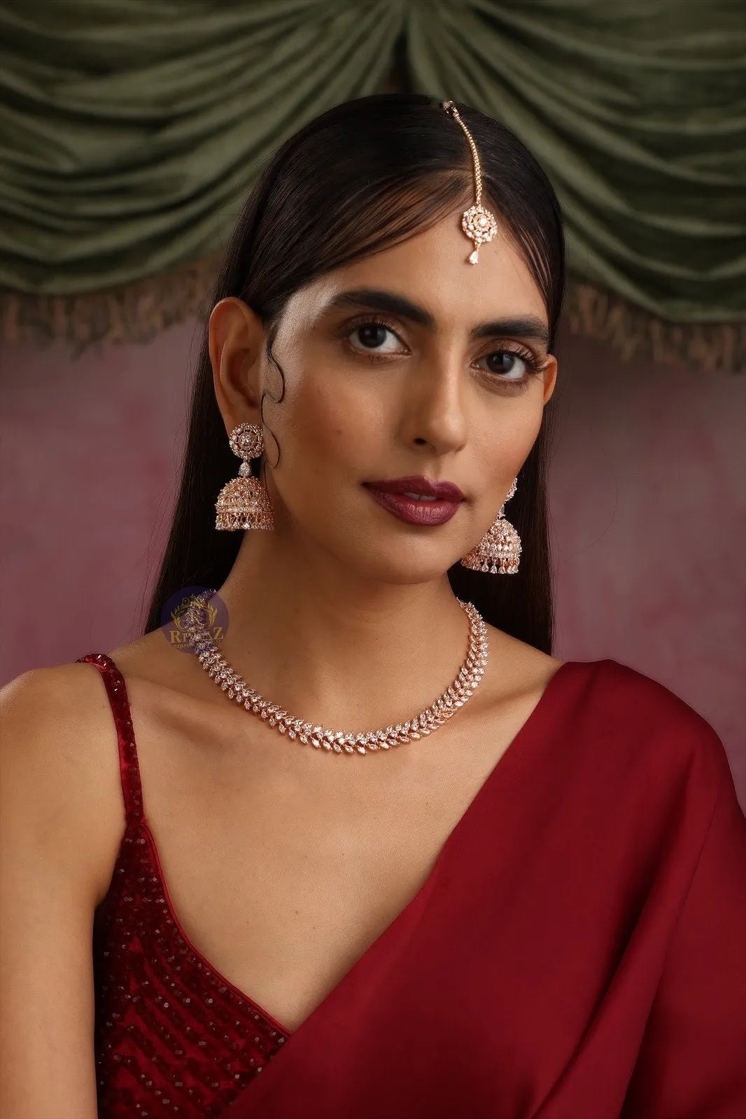 April Gold Diamond Necklace with Jhumka and Tikka