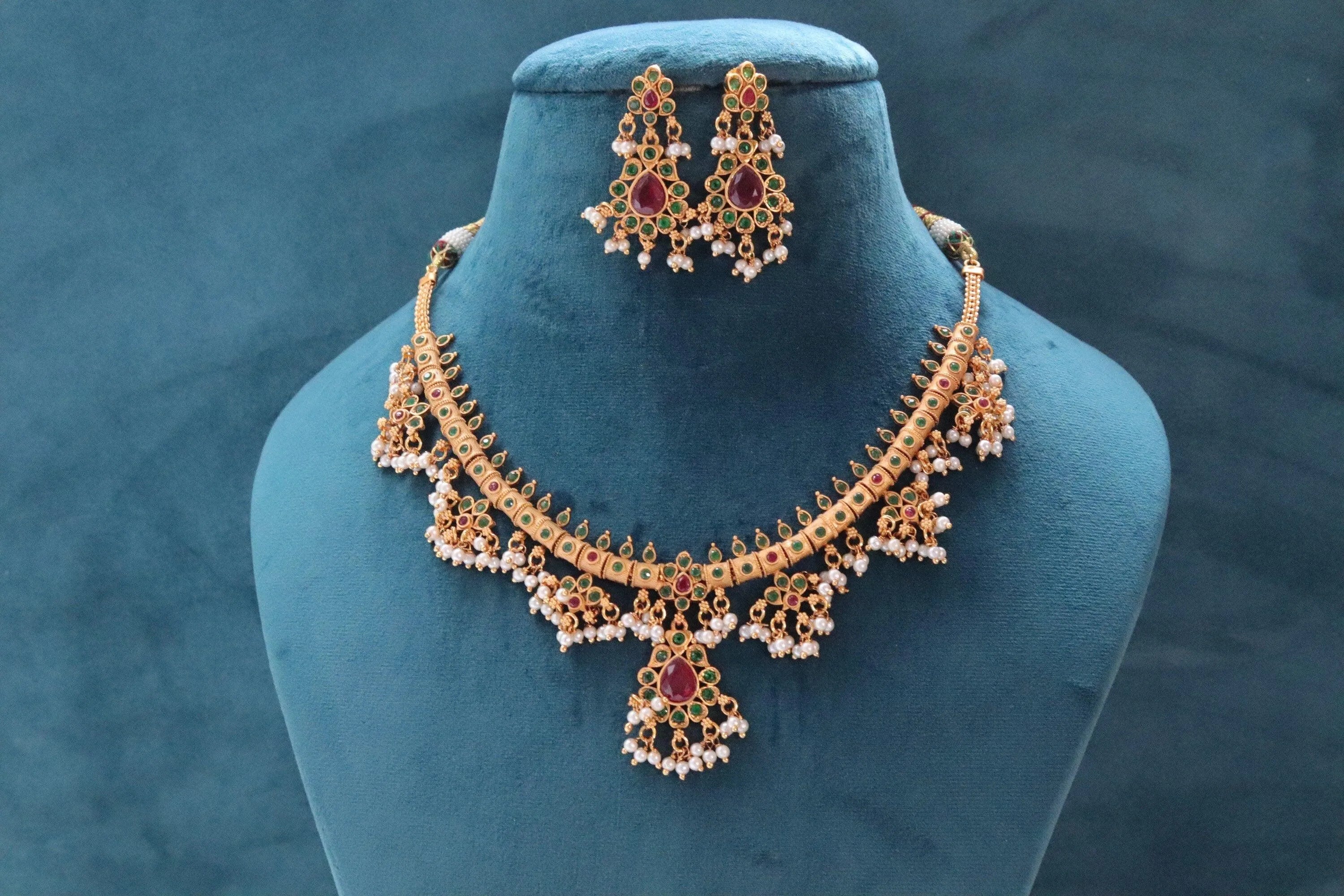 Delicate Ruby- Green Guttapusalu/ South Indian Jewelry/ Gold Necklace/ Indian long Necklace/ Indian Jewelry