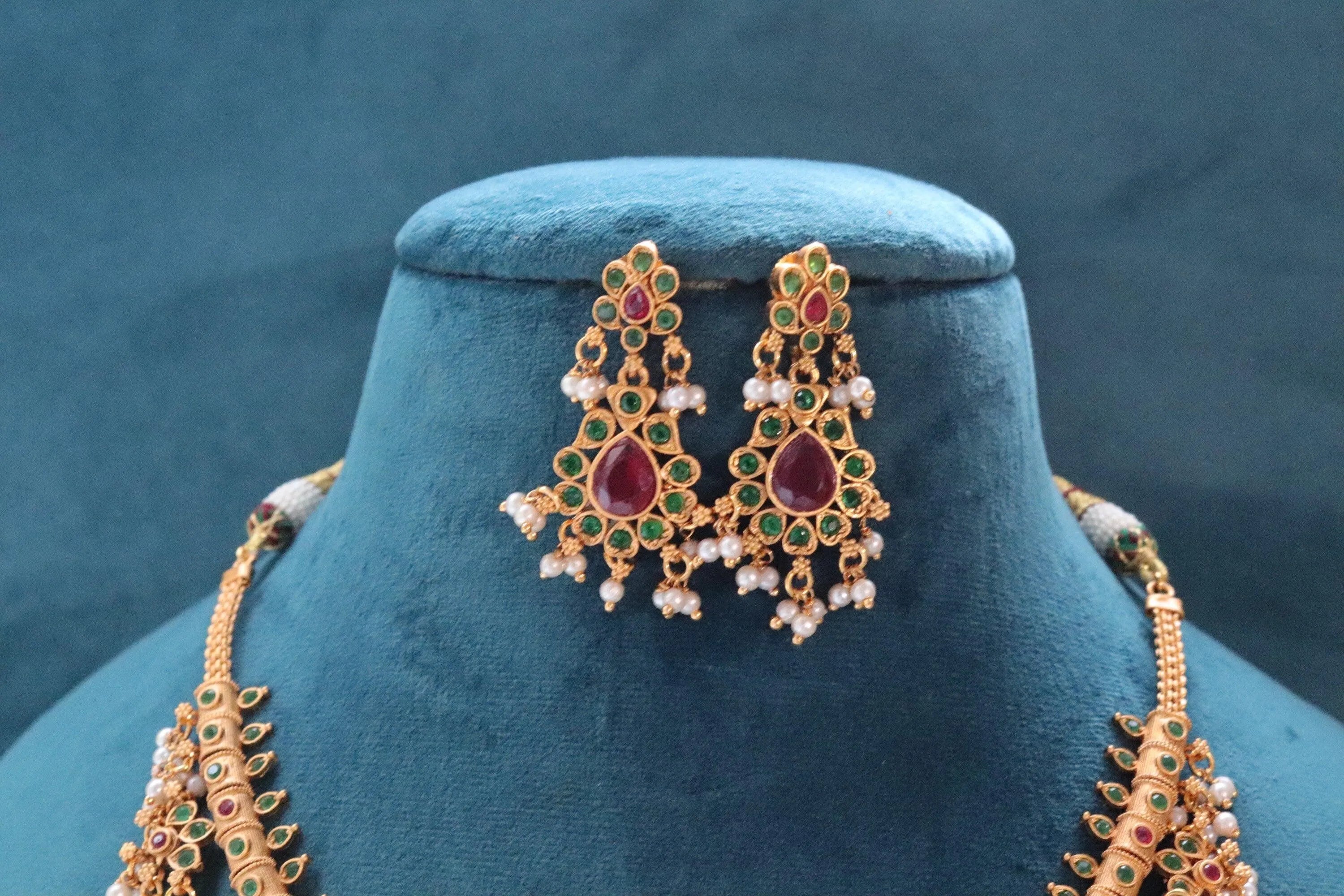 Delicate Ruby- Green Guttapusalu/ South Indian Jewelry/ Gold Necklace/ Indian long Necklace/ Indian Jewelry