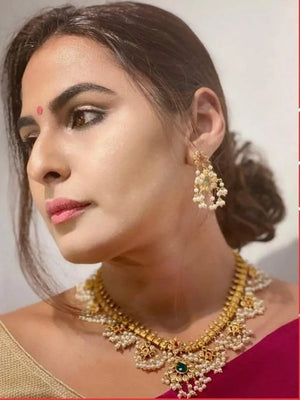 Delicate Ruby- Green Guttapusalu/ South Indian Jewelry/ Gold Necklace/ Indian long Necklace/ Indian Jewelry