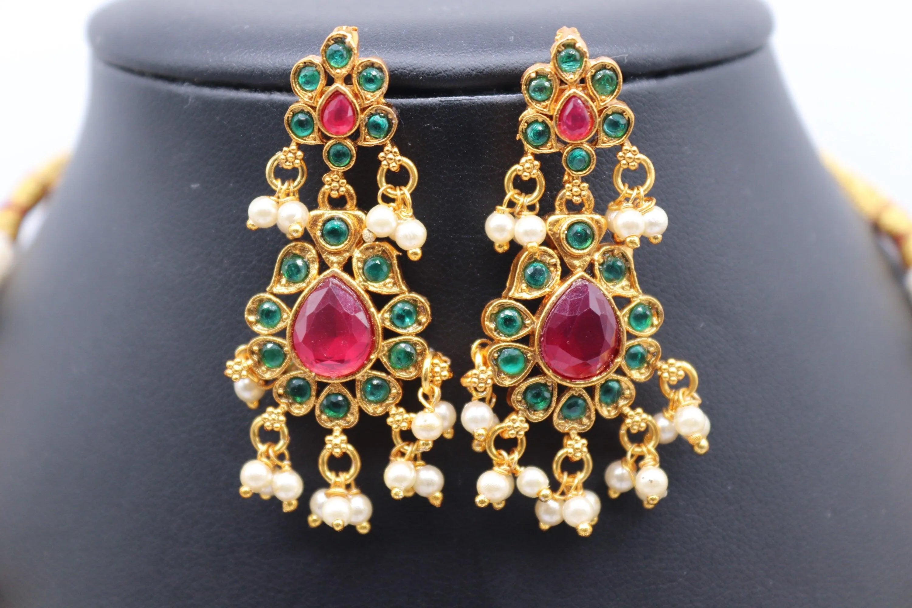 Delicate Ruby- Green Guttapusalu/ South Indian Jewelry/ Gold Necklace/ Indian long Necklace/ Indian Jewelry
