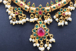 Delicate Ruby- Green Guttapusalu/ South Indian Jewelry/ Gold Necklace/ Indian long Necklace/ Indian Jewelry