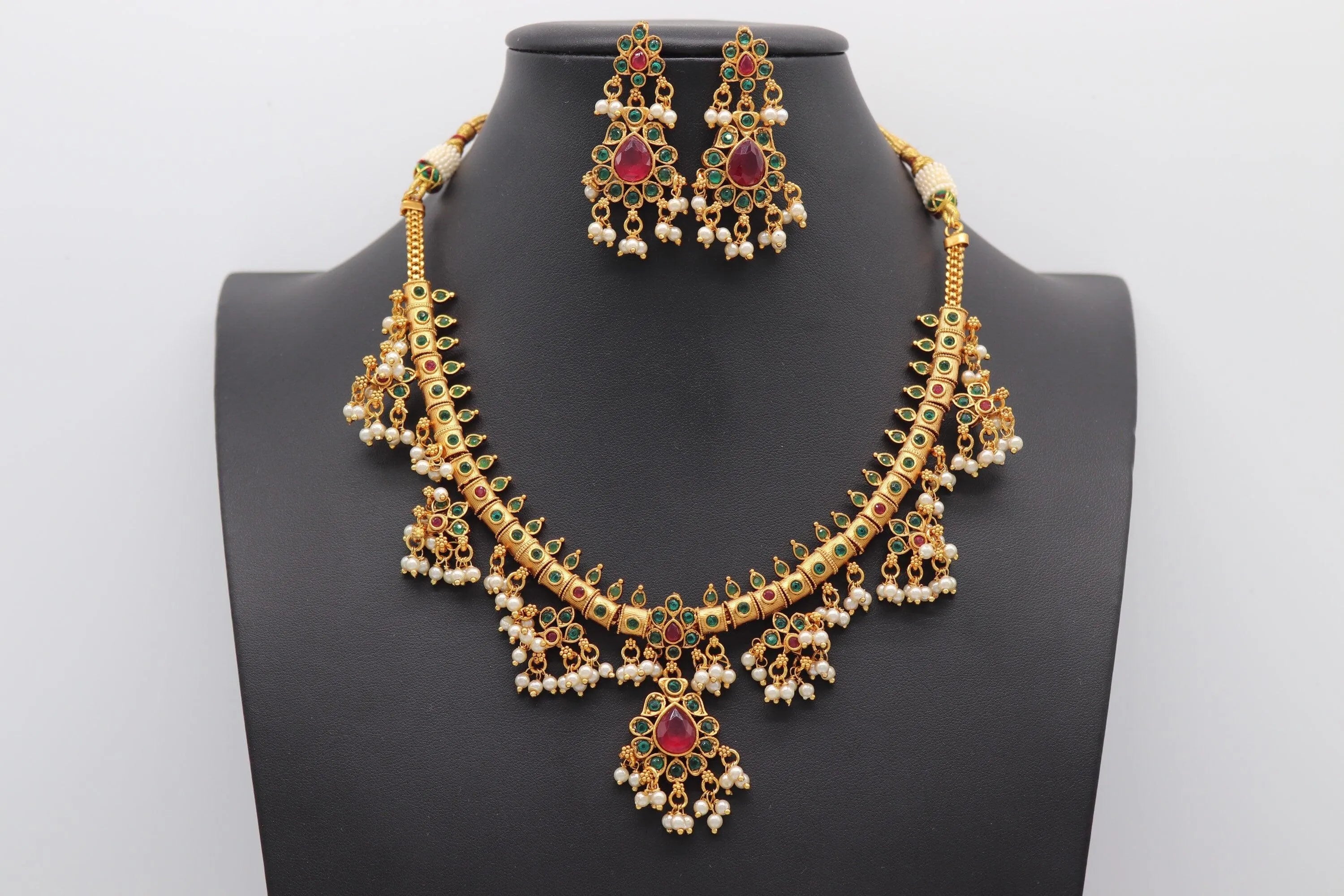 Delicate Ruby- Green Guttapusalu/ South Indian Jewelry/ Gold Necklace/ Indian long Necklace/ Indian Jewelry