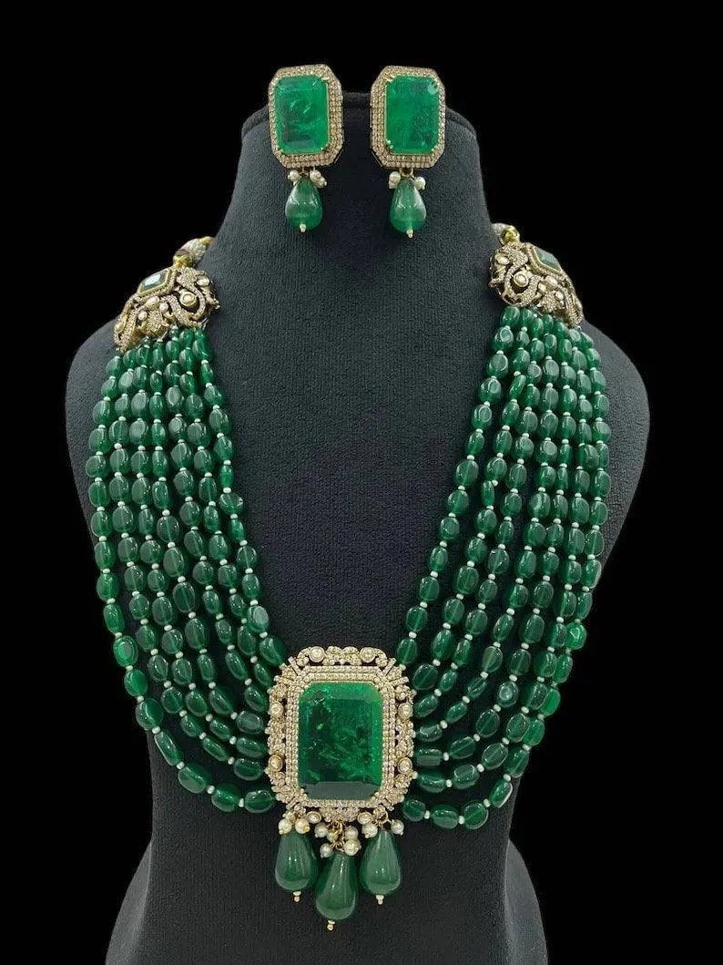Emerald Green Long Necklace with Earrings