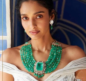 Emerald Green Long Necklace with Earrings