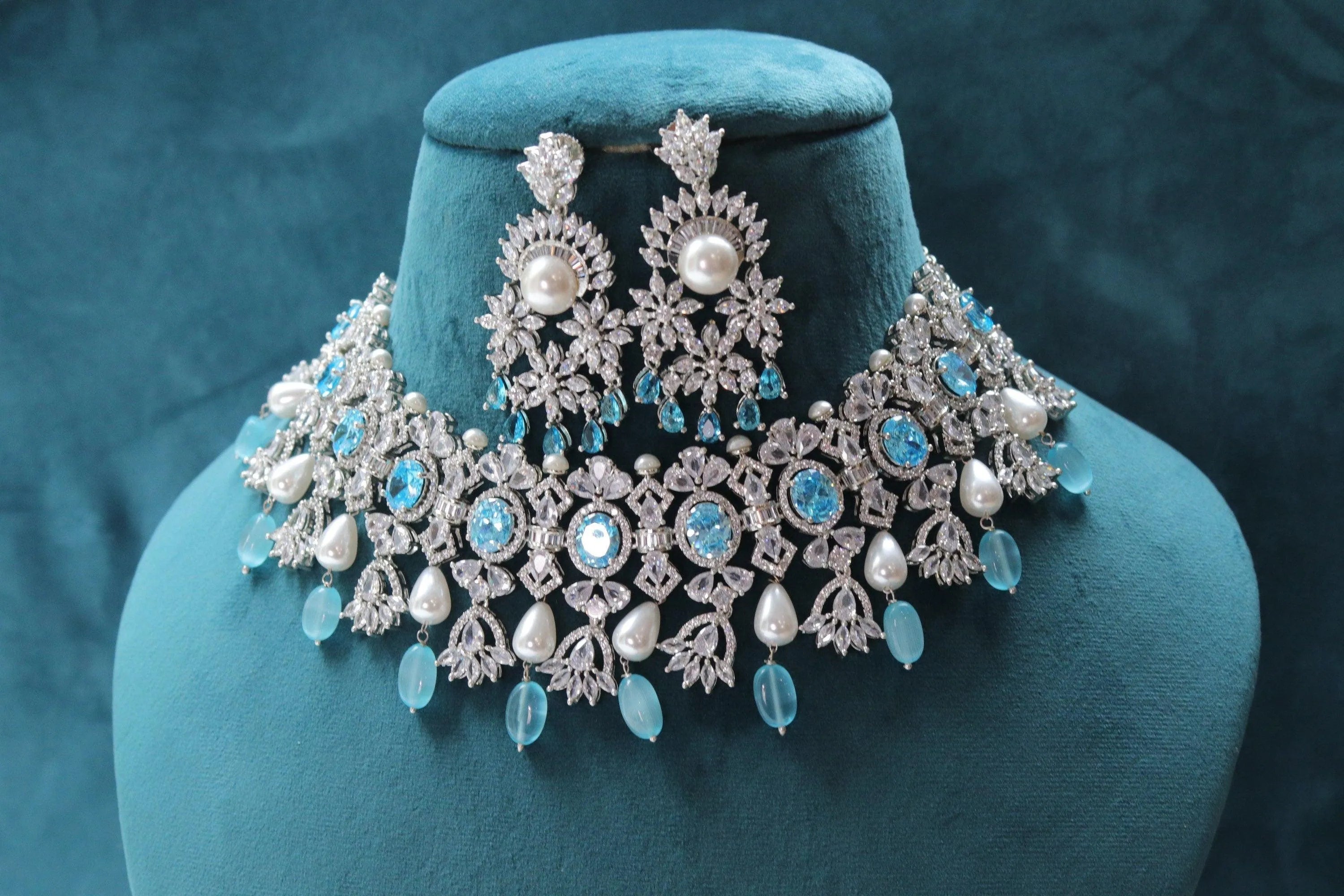 Erika Aqua Turquoise CZ Necklace with Pearls