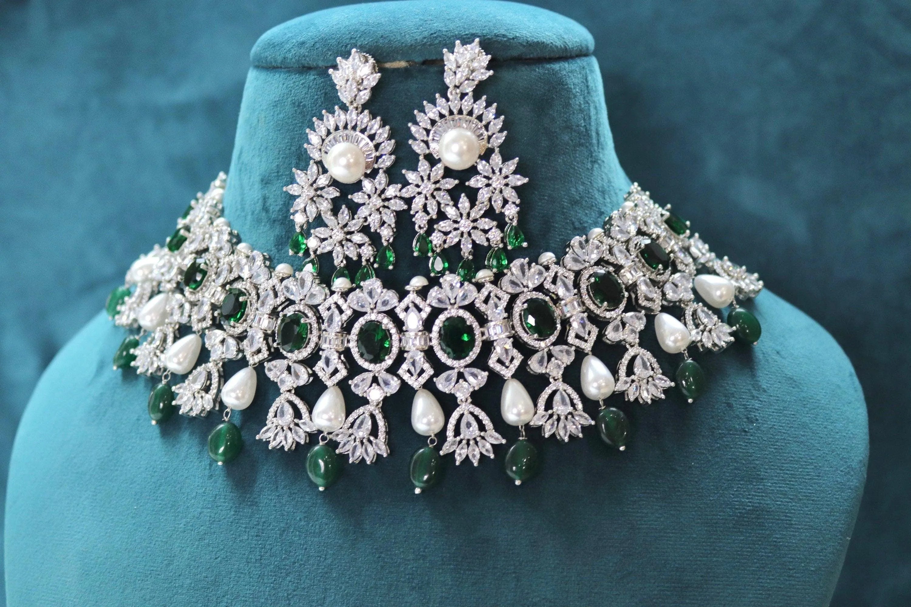 Erika Emerald CZ Pearl Choker Earrings