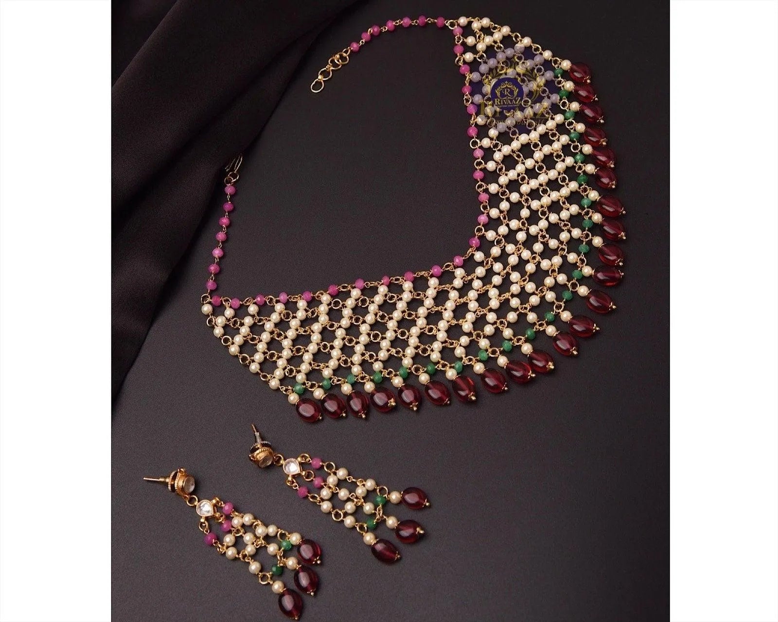 Kalki Moti Jaal Necklace Set With Earrings Indian Necklace Set Pearls Ruby Kundan Necklace Indian Pearl Necklace Indian Choker