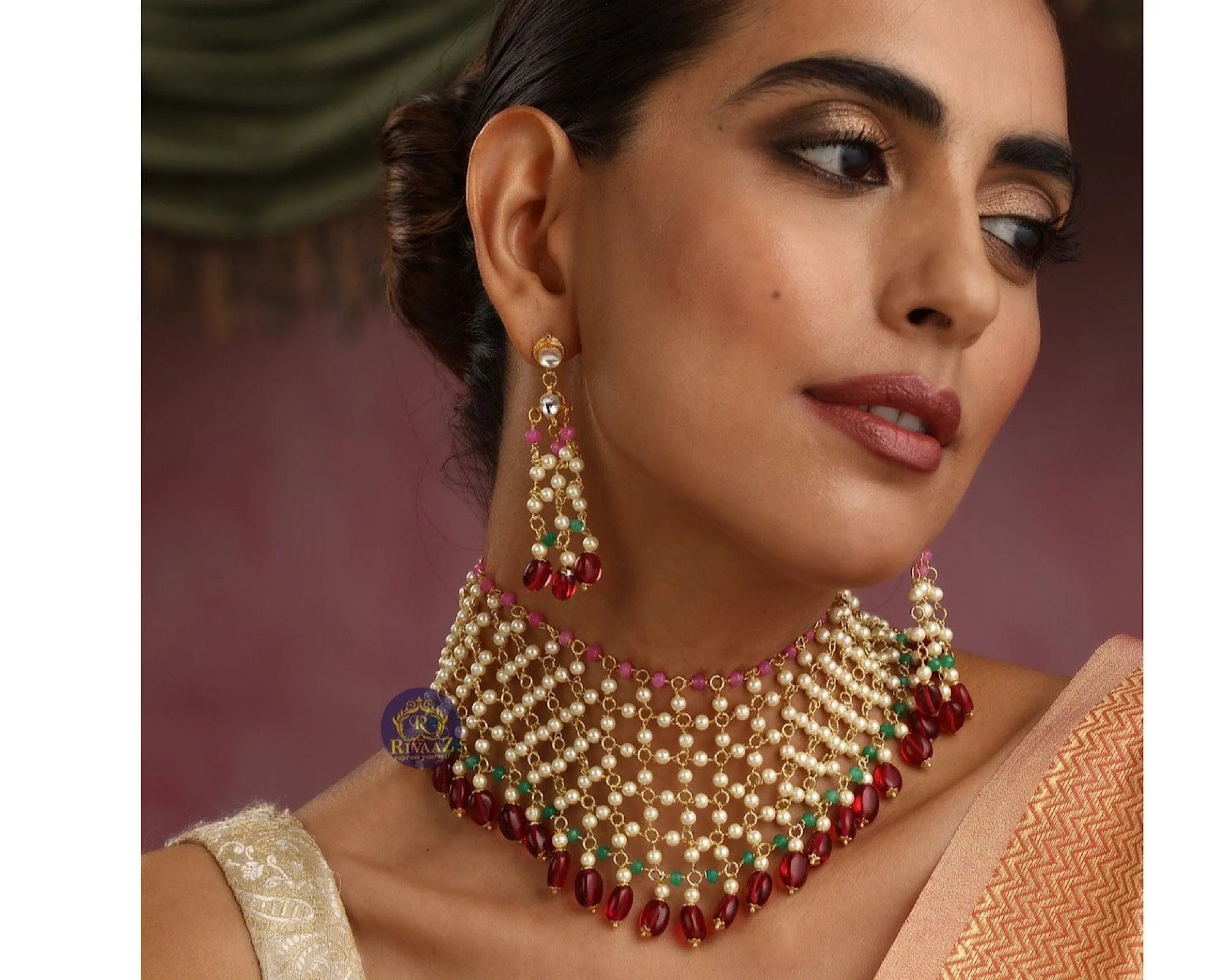 Kalki Moti Jaal Necklace Set With Earrings Indian Necklace Set Pearls Ruby Kundan Necklace Indian Pearl Necklace Indian Choker