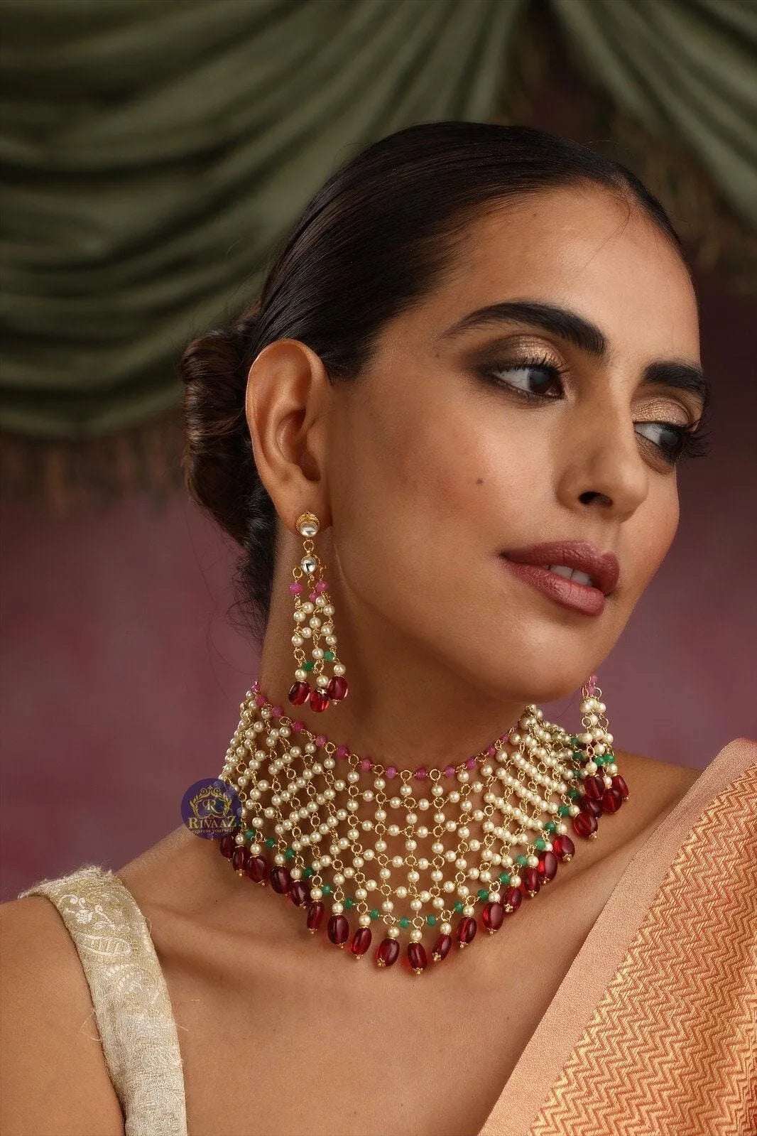 Pearl Choker with ruby drops and earrings