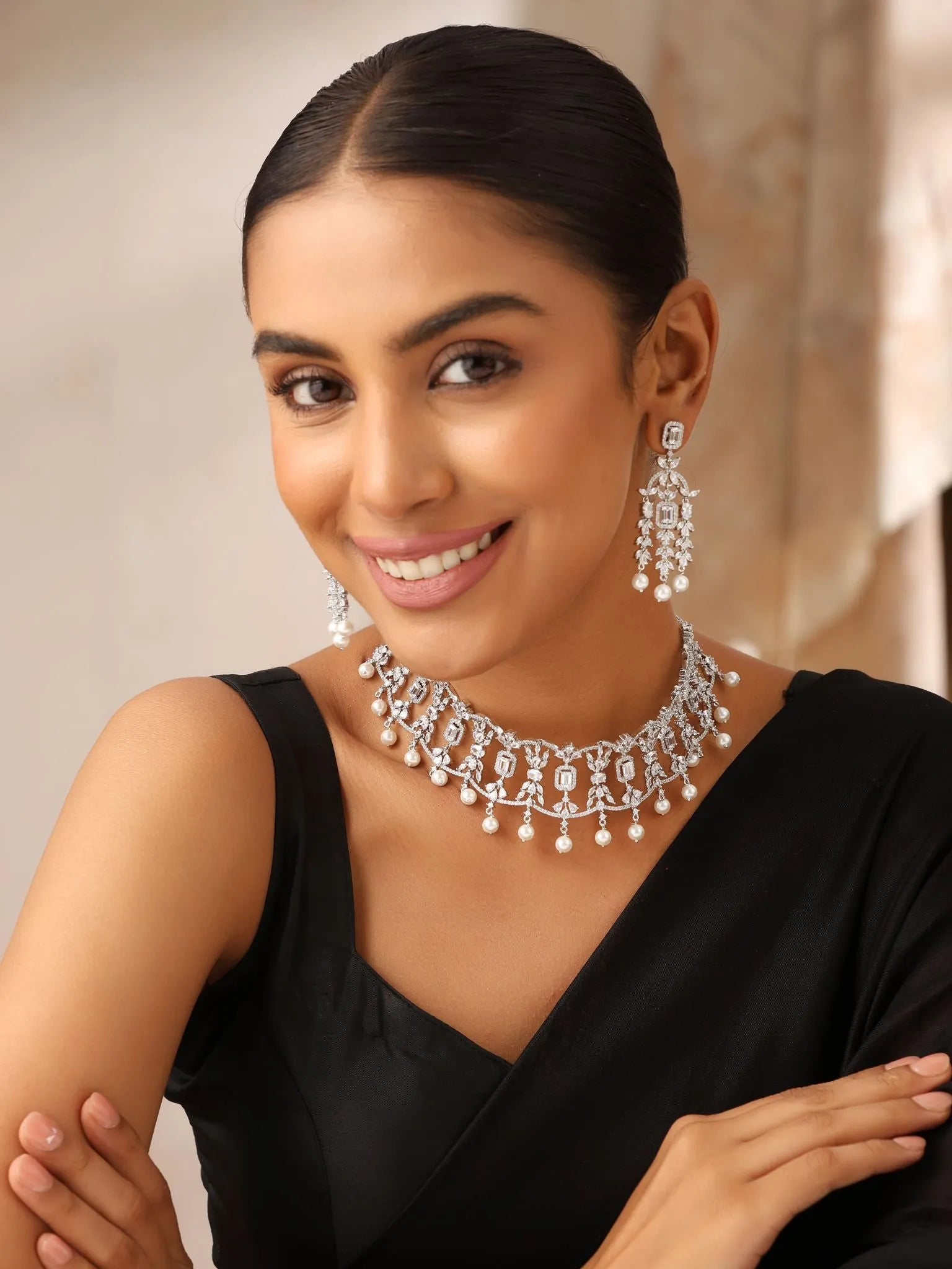 Kim CZ Pearl Choker Set with Earrings