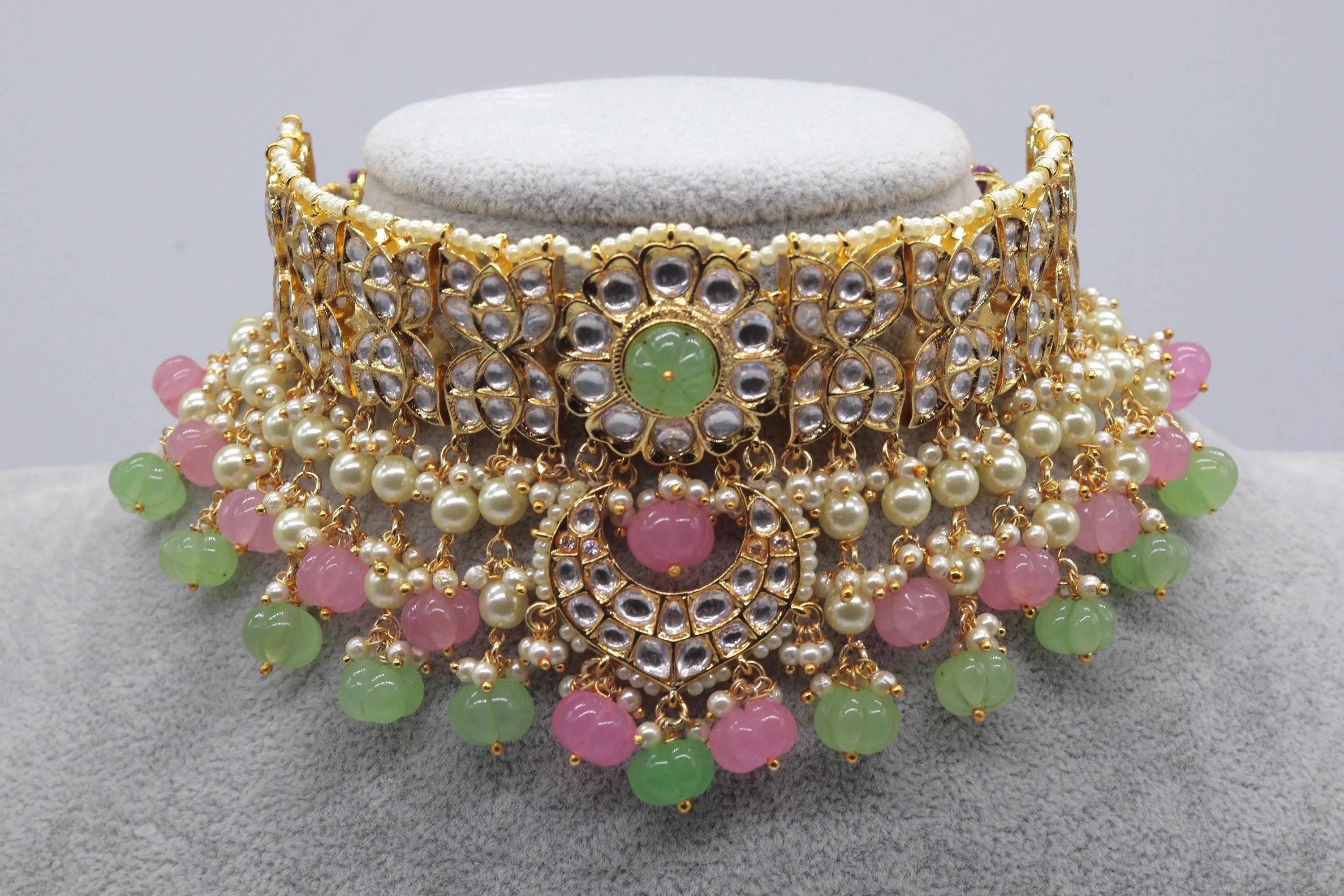 Mint Pink Melon Beads Fine kundan Choker
