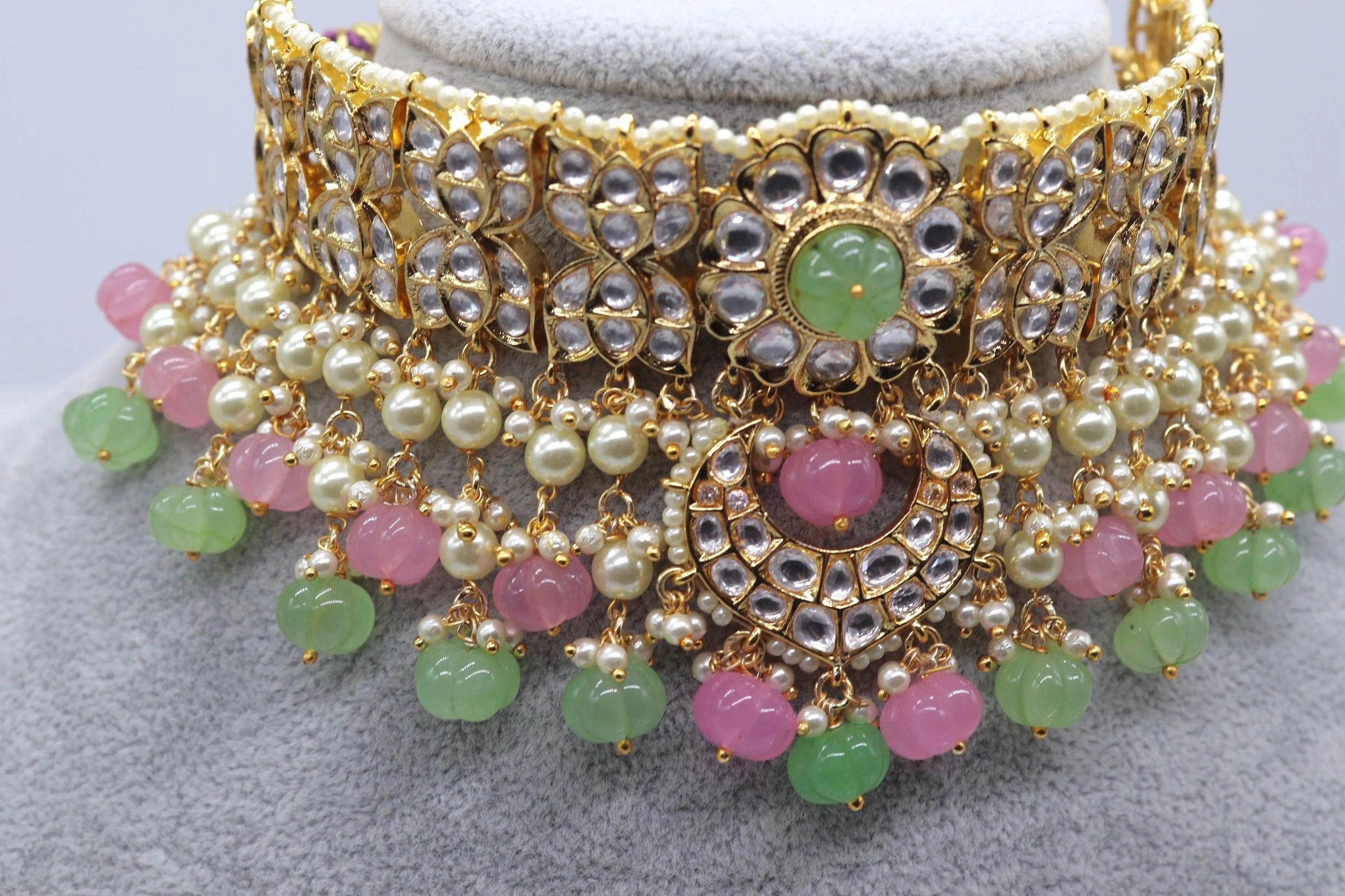 Mint Pink Melon Beads Fine kundan Choker