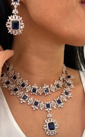 Misha Sapphire Diamond Silver Long Short Necklace